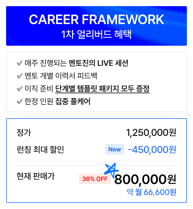 Career Framework 1차 얼리버드 - 정가 1,250,000원, 할인가 800,000원 (36% OFF)